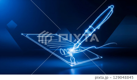 Signing electronic contract with glowing blue pen on digital document, online business agreement concept for legal partnership and futuristic paperless office technology 129048845