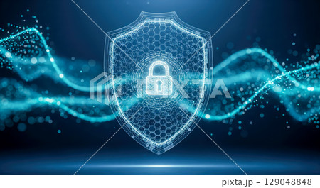 Cybersecurity concept with glowing shield and padlock icon, digital protection background for internet safety and data security against hacker attack Cybersecurity concept with glowing shield and padlock icon, digital protection background for internet safety and data security against hacker attack 129048848