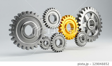 Golden gear connecting silver cogs in mechanism, teamwork and business process concept with main part, key link in industrial system for success 129048852