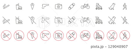 Prohibited Activities And Items Icon Set. No Smoking, Eating, Photography, Weapons And More Restriction Symbols. Public Space Rules And Regulations. Editable Stroke. Isolated Vector Illustration Prohibited Activities And Items Icon Set. No Smoking, Eating, Photography, Weapons And More Restriction Symbols. Public Space Rules And Regulations. Editable Stroke. Isolated Vector Illustration 129048907