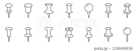 Push Pin And Thumbtack Line Icon Set. Office And Stationery Supplies Outline Symbol Collection. Various Pin Designs For Notice Boards And Maps. Editable Stroke. Isolated Vector Illustration 129048916