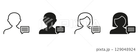 Male And Female User Chat Icon Set. Communication And Messaging Outline And Silhouette Symbol Collection. Social Interaction And Online Conversation. Isolated Vector Illustration 129048924