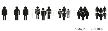 People Grouping Progression Solid Icon Set. Social Dynamics, Community Growth, And Population Increase Silhouette Symbol Collection. Human Interaction Representation. Isolated Vector Illustration 129048926