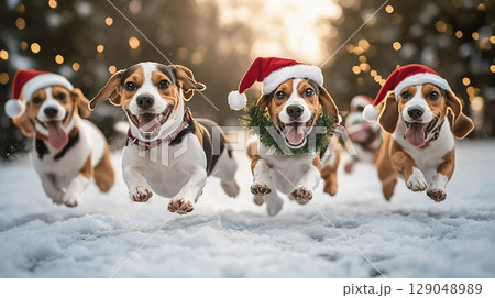 サンタ帽をかぶったビーグルたちが雪原を駆け抜ける 129048989