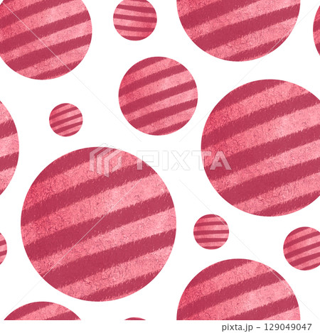 Red textured balls with diagonal stripes. Seamless watercolor pattern isolated on white. Playful minimal design suitable for childrens products, textiles, wrapping paper, and pet-themed backgrounds 129049047