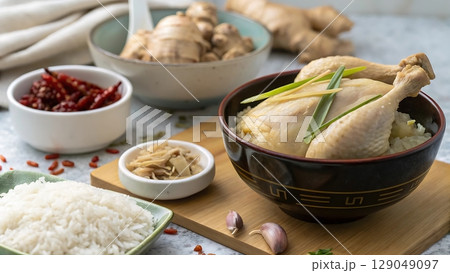 chicken soup with ginger rice and chili peppers on a table top 129049097