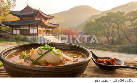 bowl of asian soup with a spoon of chili paste and pagoda in background bowl of asian soup with a spoon of chili paste and pagoda in background 129049106