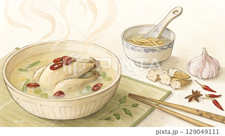 Illustration of chicken soup with ingredients and chopsticks on a placemat 129049111