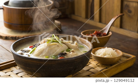 steaming bowl of samgyetang with condiments on a woven bamboo placemat 129049112