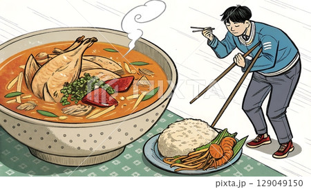 Cartoon illustration of a person eating a large bowl of soup with chopsticks 129049150