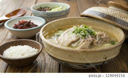 A close up shot of korean samgyetang with rice and side dishes on a table A close up shot of korean samgyetang with rice and side dishes on a table 129049158