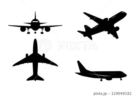Set of commercial airplane silhouettes in different angles on white background. Includes top view, side view, front view, angled view. Perfect for aviation-themed designs, travel, transportation 129049182