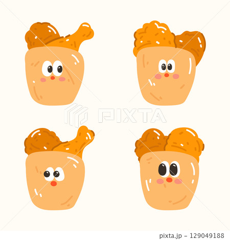 Cartoon doodle fried chicken. Cartoon doodle illustration set. Vector illustration in cartoon style. 129049188