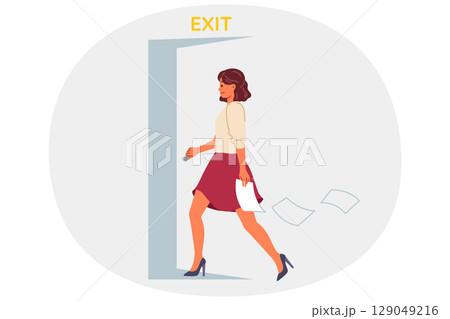 Resigned businesswoman walks out open door, refusing to work under unfavorable conditions Resigned businesswoman walks out open door, refusing to work under unfavorable conditions 129049216