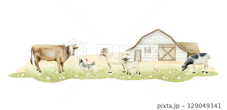 Farm horizontal landscape with domestic animals and barn watercolor isolated illustration. Hand drawn grazing sheep, cow goats, rooster and chickens on green grass meadow. Countryside clip art Farm horizontal landscape with domestic animals and barn watercolor isolated illustration. Hand drawn grazing sheep, cow goats, rooster and chickens on green grass meadow. Countryside clip art 129049341