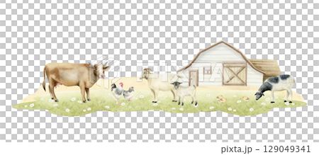 Farm horizontal landscape with domestic animals and barn watercolor isolated illustration. Hand drawn grazing sheep, cow goats, rooster and chickens on green grass meadow. Countryside clip art Farm horizontal landscape with domestic animals and barn watercolor isolated illustration. Hand drawn grazing sheep, cow goats, rooster and chickens on green grass meadow. Countryside clip art 129049341