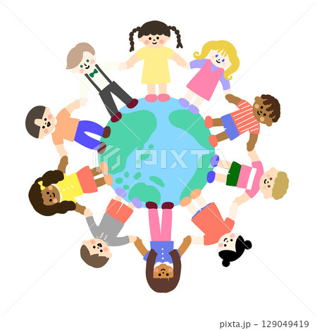 手をつないで地球を囲む世界の子どもたちのかわいいイラスト 手をつないで地球を囲む世界の子どもたちのかわいいイラスト 129049419