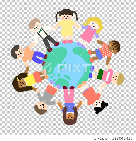 手をつないで地球を囲む世界の子どもたちのかわいいイラスト 手をつないで地球を囲む世界の子どもたちのかわいいイラスト 129049419
