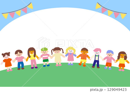 世界の子供達が手を繋ぐかわいいフレーム素材 129049423