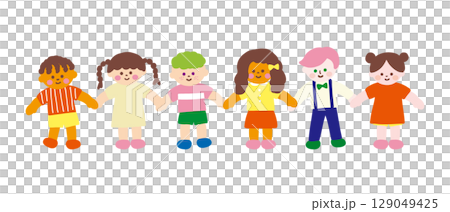 Hand-drawn illustration of children around the world holding hands 129049425