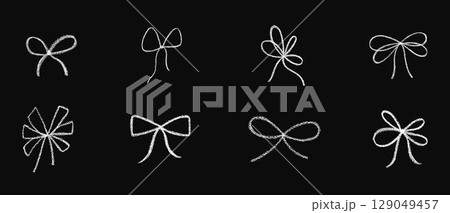 Chalk coquette bow with ribbon set. Hand drawn vector illustration isolated on black chalk background for design template present for wedding, Birthday, Christmas decoration or discount, sale. EPS10 Chalk coquette bow with ribbon set. Hand drawn vector illustration isolated on black chalk background for design template present for wedding, Birthday, Christmas decoration or discount, sale. EPS10 129049457
