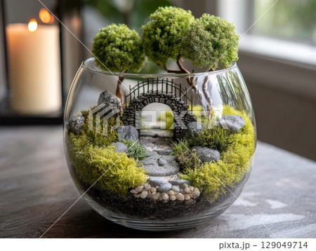 Terrarium with stone bridge, lush moss and tiny tree in glass container. Excellent for decor, it features soft lights and a magical landscape. Great for green hobbyists. 129049714
