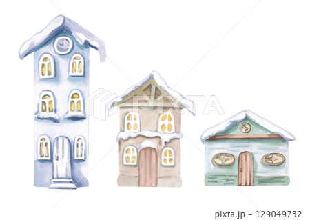 Set of 3 fairy houses. Isolated watercolor illustration for decorating projects, children's products, Christmas cards, invitations for theme parties, children's interior design. Set of 3 fairy houses. Isolated watercolor illustration for decorating projects, children's products, Christmas cards, invitations for theme parties, children's interior design. 129049732