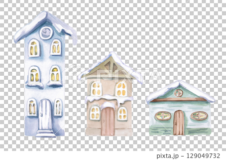 Set of 3 fairy houses. Isolated watercolor illustration for decorating projects, children's products, Christmas cards, invitations for theme parties, children's interior design. Set of 3 fairy houses. Isolated watercolor illustration for decorating projects, children's products, Christmas cards, invitations for theme parties, children's interior design. 129049732