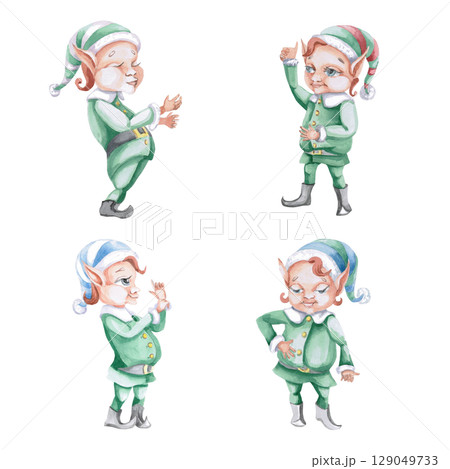 Set of 4 elves. Isolated watercolor illustration of characters for project decoration, children's products, Christmas cards, invitations for theme parties, children's interior design. 129049733