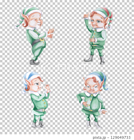 Set of 4 elves. Isolated watercolor illustration of characters for project decoration, children's products, Christmas cards, invitations for theme parties, children's interior design. 129049733