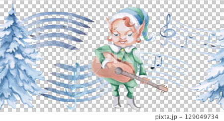 Seamless border with elf musician on the background of the musical staff. Isolated watercolor illustration on a musical theme for interior design of musical parties, cards, festivals. 129049734