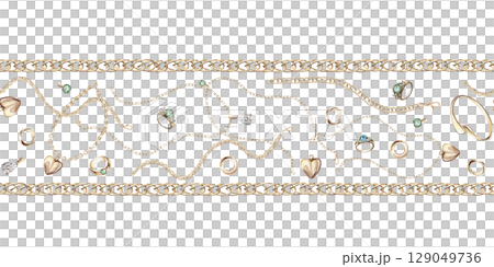 Seamless border of pendants, charms and chains. Isolated watercolor illustration in realistic style for decoration of jewelry blogs, magazines and posters, printing on fabric and scarves. 129049736