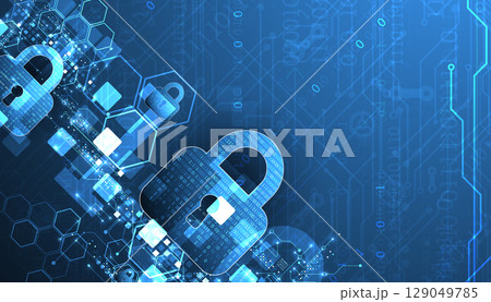 Abstract technological background on the topic of information protection. Various technological elements with padlocks inside which is a digital code. 129049785