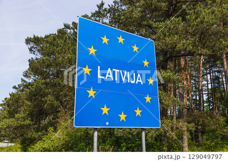 Latvia Border Entry Point - European Union Highway Sign Latvia Border Entry Point - European Union Highway Sign 129049797