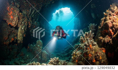 Divers swimming among coral reefs 129049832