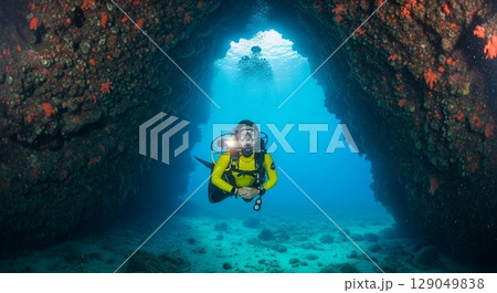 海中洞窟を進むダイバー 海中洞窟を進むダイバー 129049838