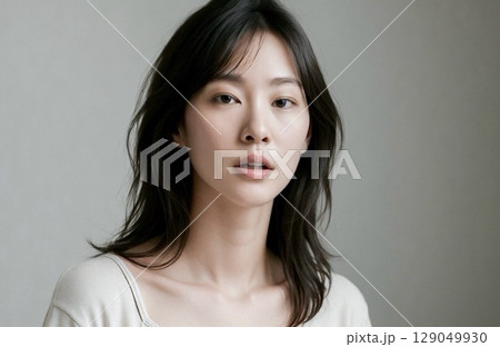 唇を少しだけ開けて、ほんのり驚いている東洋の女性のポートレート 唇を少しだけ開けて、ほんのり驚いている東洋の女性のポートレート 129049930