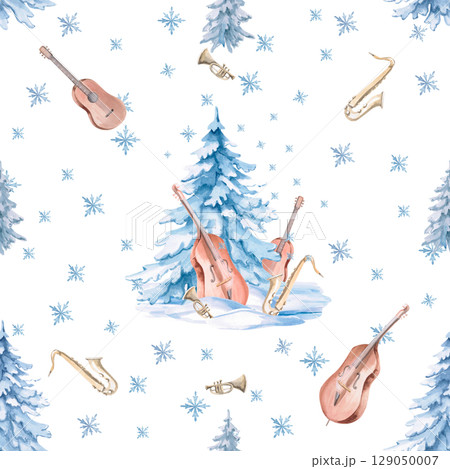 Seamless pattern with blue spruces, snowflakes and musical instruments. Illustration for Christmas wrapping paper, printing on cards, fabric, invitations, creating merch. 129050007