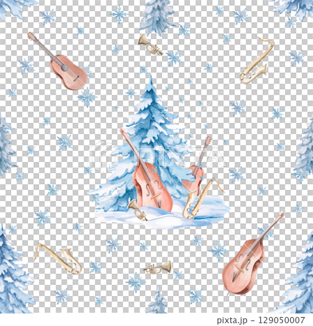 Seamless pattern with blue spruces, snowflakes and musical instruments. Illustration for Christmas wrapping paper, printing on cards, fabric, invitations, creating merch. 129050007