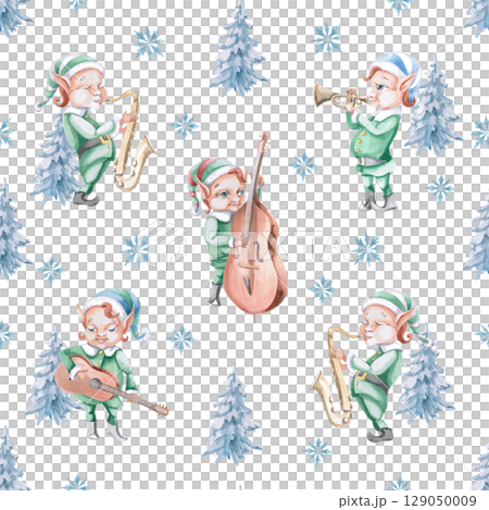 Seamless pattern with Christmas elves-musicians on the background of blue spruce trees. Illustration on a white background for wrapping paper, printing on postcards, fabric, creating merch. 129050009