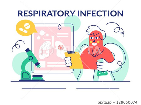 Vector Illustration of Respiratory Infection and Inflammation in the Lungs Caused by Virus Cells in a Healthcare and Medical Concept Background 129050074