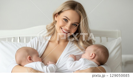 双子に授乳するママ 129050085