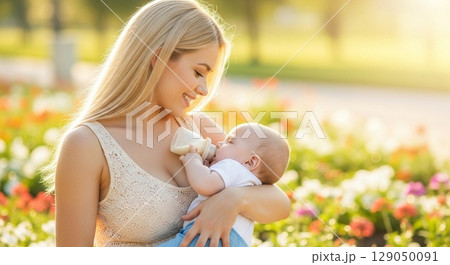Blonde woman breastfeeding her baby Blonde woman breastfeeding her baby 129050091