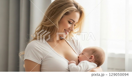 young woman breastfeeding her baby young woman breastfeeding her baby 129050094