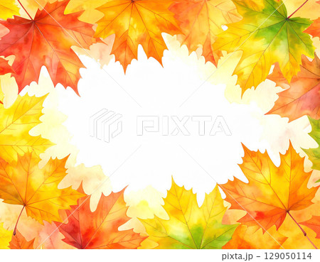 秋の紅葉した楓の葉 水彩画風のパステルカラー 真ん中に文字スペース 秋の紅葉した楓の葉 水彩画風のパステルカラー 真ん中に文字スペース 129050114