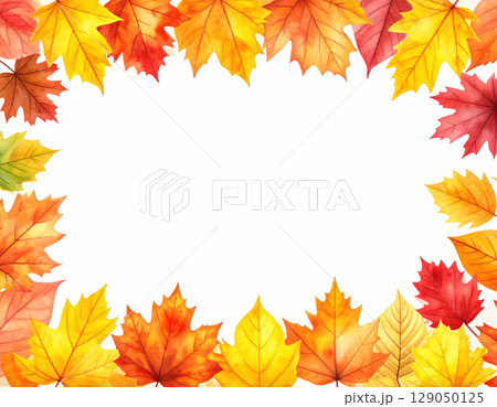 秋の紅葉した楓の葉　水彩画風のパステルカラー　真ん中に文字スペース 129050125