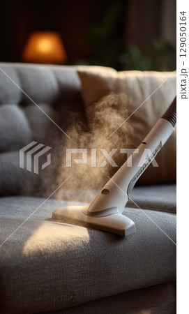 White vacuum nozzle cleaning fabric sofa with steam, creating cozy atmosphere 129050164
