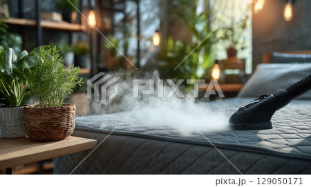 Steam cleaner is being used on mattress in cozy room with plants and warm lighting Steam cleaner is being used on mattress in cozy room with plants and warm lighting 129050171