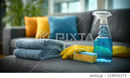 Cleaning supplies including spray bottle, sponge, and towels on sofa with colorful cushions 129050173