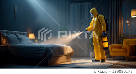 Pest control worker in yellow hazmat suit disinfects bedroom with spray, ensuring cleanliness and safety 129050175